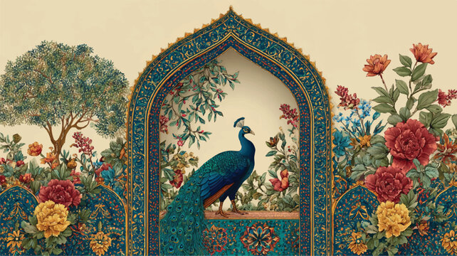 Elegant traditional Indian decorative arch frame with intricate patterns, featuring a lush garden scene and a majestic peacock, detailed ornamental design 