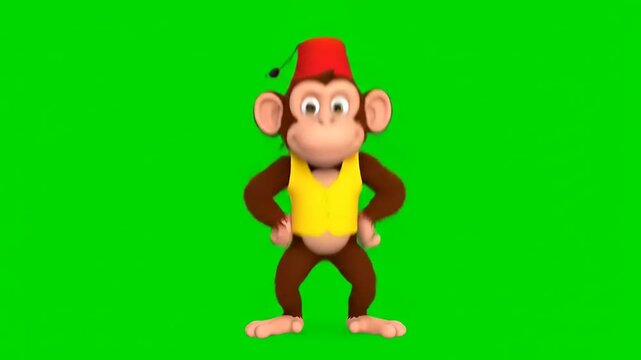 Adorable Cartoon Monkey Dressed as a Jester in a Festive Red Hat and Yellow Vest on a Green Screen Background, Ideal for Engaging Visual Content