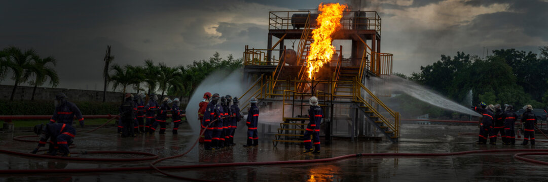 Banner Firefighter Rescue training fire fighting extinguisher. Firefighter fighting flame use fire hose chemical water foam spray engine. Banner Fireman wear hard hat, safety suit with copy space