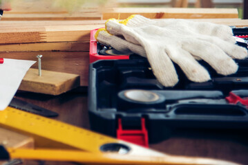 Mechanic tools engineering equipment car auto repair shop with copy space. Blurred background...