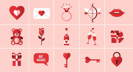 Valentine's Day icons set with hearts, gifts, and love symbols.