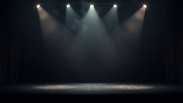 showbiz. An empty stage with dramatic smoky spotlight creating a cinematic and atmospheric mood. event programs, museum guides, designed for cultural heritage projects and event programs.