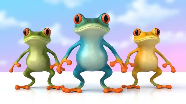Three cute cartoon frogs with big eyes, one blue and two green and yellow, holding hands in a row against a pastel sky