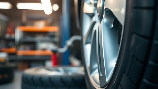 brake. Close-up of an automotive tire being serviced in a workshop, mechanical concept. safety posters, maintenance manuals, designed for industrial assembly lines and welding operations.