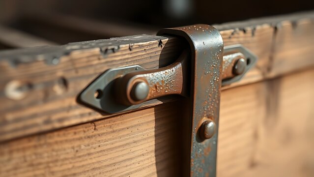hasp. Close-up of a rusty iron hasp fastened on an old wooden crate with side lighting. safety posters, maintenance manuals, designed for precision metalworking and fabrication facilities.