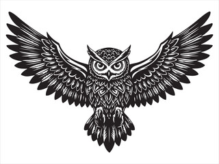 Fototapeta premium Flying owl with spread wings and sharp talons in black and white illustration style