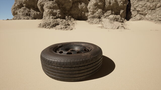 An old tire lies alone on a stretch of golden sand, surrounded by rugged rocks under a bright blue sky. The scene captures the stark beauty of nature and human neglect.