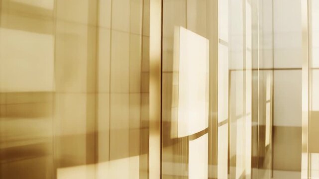 Abstract view of a contemporary glass building exterior showing sun reflections and geometric patterns, creating a sense of urban development and modern architecture