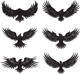Obraz premium Flock of black crows flying in formation against white background, minimalist silhouette, dynamic motion, high contrast wildlife art 