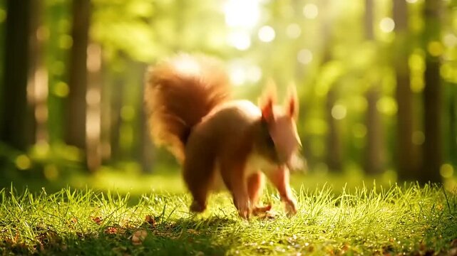 Energetic Red Squirrel Leaping Through Sunny Woodland Grass on a Bright Day, Capturing the Essence of Wildlife in Nature's Embrace