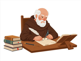 Medieval monk sitting at desk writing with quill pen and inkwell surrounded by books