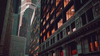 Obraz premium Tall buildings rise against the evening sky as warm orange lights glow from windows. The urban landscape showcases a blend of contemporary and historic architecture creating a stunning view.