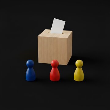 Pions de jeux de soci&eacute;t&eacute; color&eacute;s faisant la queue devant une urne pour illustrer le choix &eacute;lectoral et la strat&eacute;gie politique
