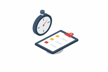 Isometric view of a stopwatch positioned above a clipboard with lines