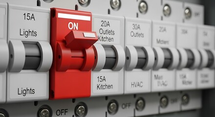 Electrical Panel with Red Circuit Breaker Switched On.