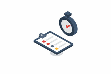 Isometric illustration of a stopwatch above a checklist document