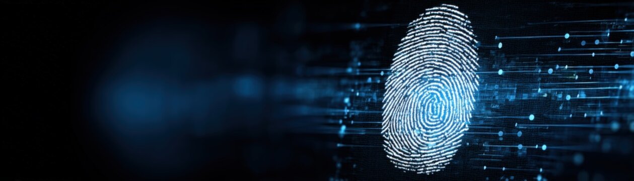 A stylized fingerprint is depicted against a digital background, identity and technology, AI circuit integrated connectivity