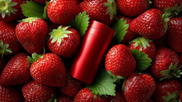 Red cylindrical container placed among fresh strawberries with vibrant green leaves, showcasing the rich texture and color contrast in a visually appealing arrangement