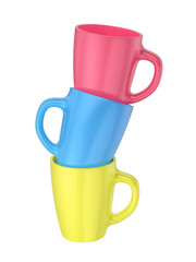 Stack of three colorful ceramic mugs on transparent background