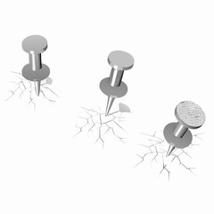 Three silver push pins piercing a cracked white surface