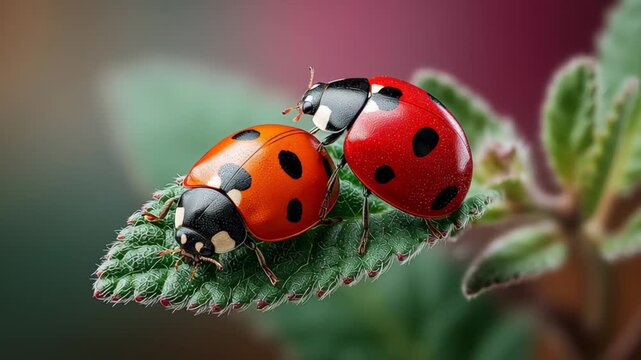 Two ladybugs with black spots interact on a green leaf, showcasing their vibrant red shells and delicate legs, set against a softly blurred natural background