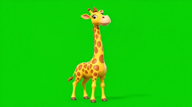 Cartoon Giraffe Standing on a Green Screen Background Animal Design, Yellow and Brown Pattern with Playful Expression for Kids Content