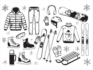 Winter sports equipment and clothing for skiing and snowboarding outdoors recreational activities  snowboard skis goggles helmet gloves