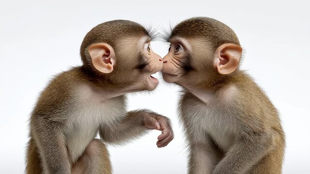 Two playful monkeys engage in a series of affectionate interactions, showcasing their close bond through gestures and expressions in a bright, neutral setting