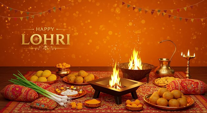 Happy Lohri Festival Celebration: Bonfire, Traditional Food, Sweets, Sugarcane, Popcorn, Bokeh