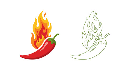 Naklejka premium A vibrant red chili pepper with flames and its black and white outline