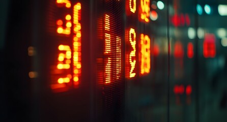 Fototapeta premium Close-up of a digital stock market display board showing financial figures with glowing red numbers indicating economic decline