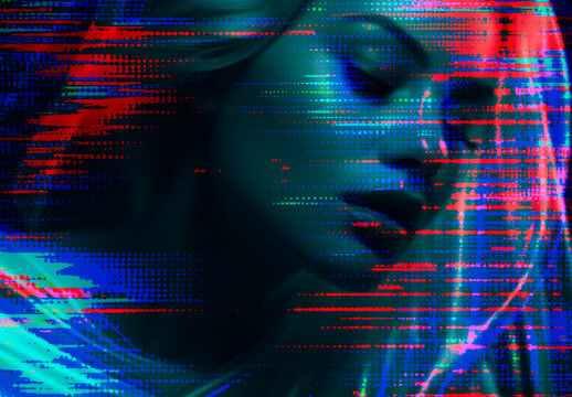 Blue And Red Digital Matrix Glitch Photo Effect