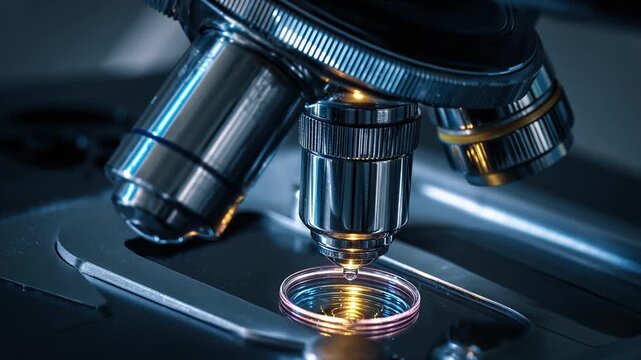 Scientific microscope illuminated against a dark background, lens glass reflecting precise light. Clean laboratory scene highlighting research, analysis, and advanced scientific equipment.

