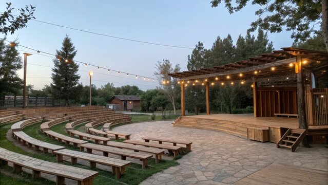 Outdoor amphitheater with wooden seating and string lights at dusk