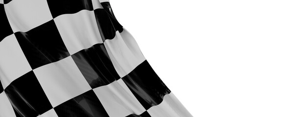 Fototapeta na wymiar Black and white checker flag waving in the wind with copy space. Perfect for racing, competition and success themes.