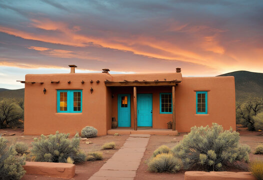 Adobe pueblo revival house in New Mexico high desert, flat roof, earthy terracotta tones, sagebrush landscape, sunset