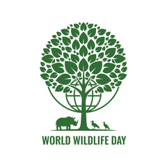 Obraz premium World Wildlife Day vector illustration with green tree, animals, and globe for conservation campaigns