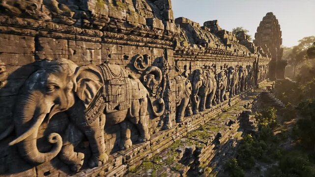 Sweeping simulated aerial drone shot panning over a massive fictional weathered stone temple wall covered entirely in intricately carved elephant bas relief panels wall, covered, archaeology