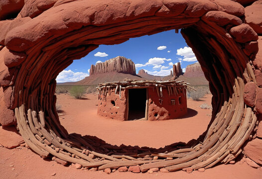 Traditional Navajo hogan in Arizona desert, circular earth-covered, log frame, smoke hole, red rock landscape