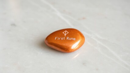 Smooth Orange Stone with Logo on White Marble Background
