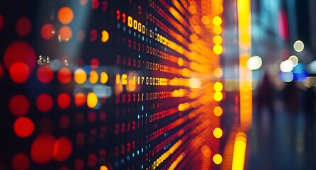 Abstract digital data stream on futuristic stock exchange display with orange light bokeh effect representing global financial markets technology economy information flow and computer analytics