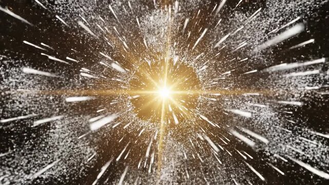 Seamlessly looping abstract motion graphics of white energy particles rapidly coalescing and building up to a bright, triumphant burst of golden light corporate, design element, digital
