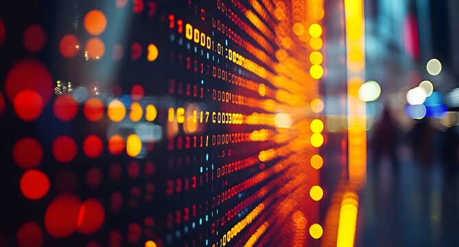 Abstract digital data stream on futuristic stock exchange display with orange light bokeh effect representing global financial markets technology economy information flow and computer analytics