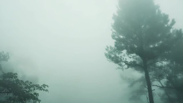 Thick fog obscures a forest scene, with tree branches and trunks subtly appearing through the heavy mist, evoking a sense of calm and mystery in nature