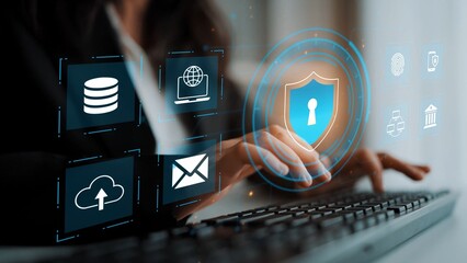 Modern Cyber Security Concept with Digital Shield, Database Icons, and Cloud Technologies on...