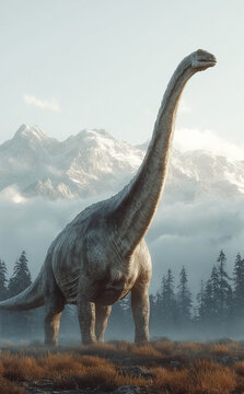 Glacialisaurus stands tall in a prehistoric landscape of mountains and ancient forests