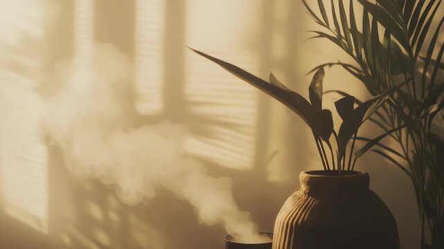 Warm sunlight casts shadows through blinds onto a wall, illuminating mist rising from an aroma diffuser on a wooden table next to a potted plant, creating a peaceful home atmosphere