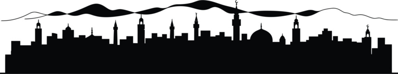 Morocco city skyline, Islamic holy sites cityscape, Kaaba and the Grand Mosque of Mecca. Middle Eastern architectural style with domes and arches, palm trees, hills or mountains silhouette