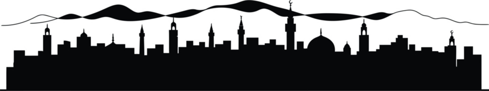 Morocco city skyline, Islamic holy sites cityscape, Kaaba and the Grand Mosque of Mecca. Middle Eastern architectural style with domes and arches, palm trees, hills or mountains silhouette