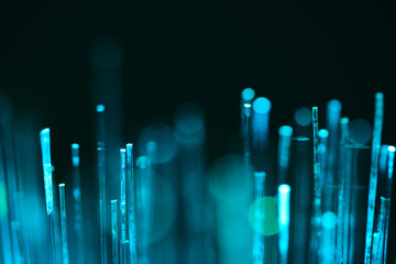 Macro shot glowing fiber optic cable ends emitting soft teal and cyan light against dark background. Concept of high speed internet and data transmission. © freeman83